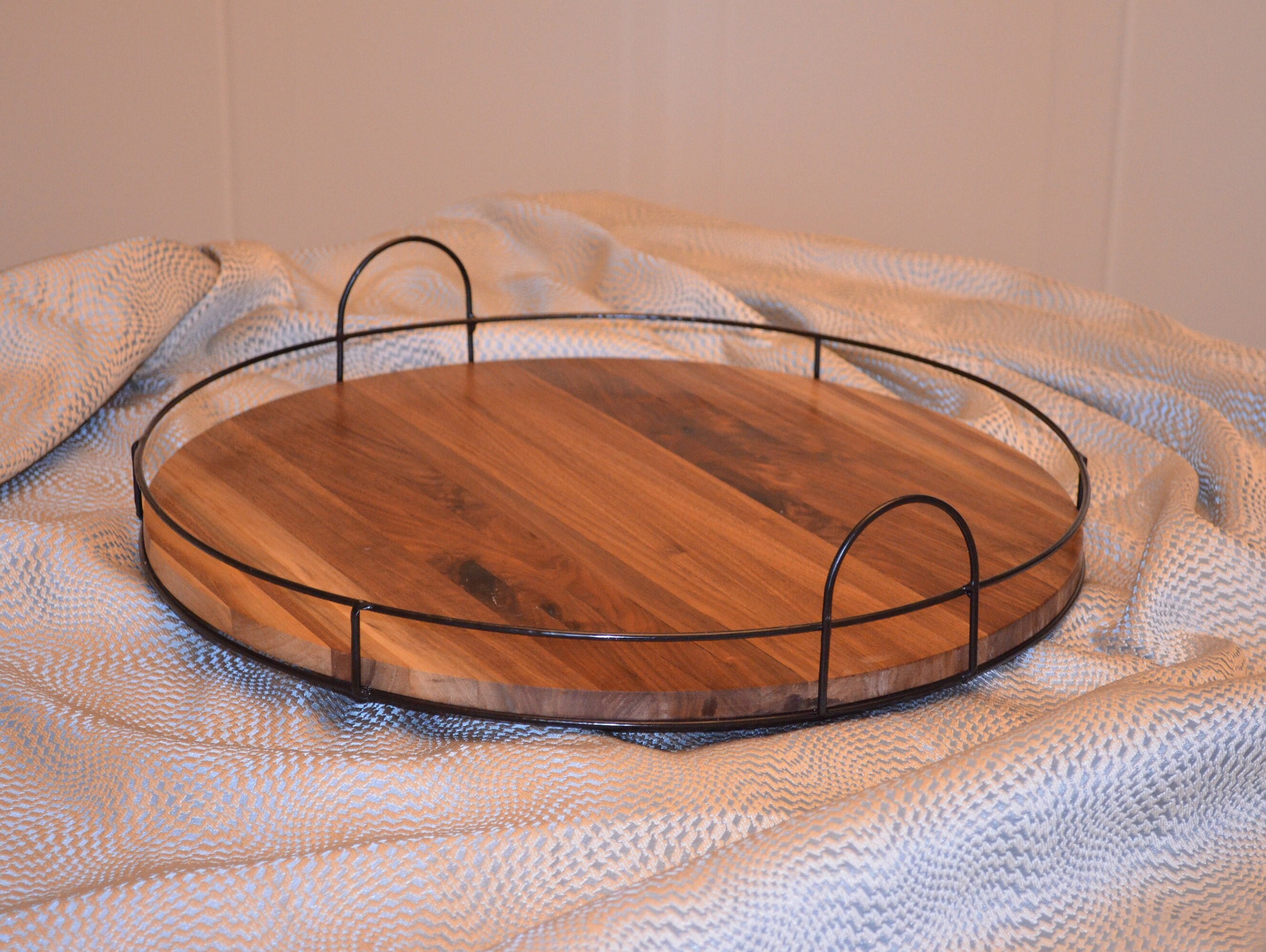 Lazy Susan Turntable With Metal Rails, 20 Walnut Rotating Serving Tray