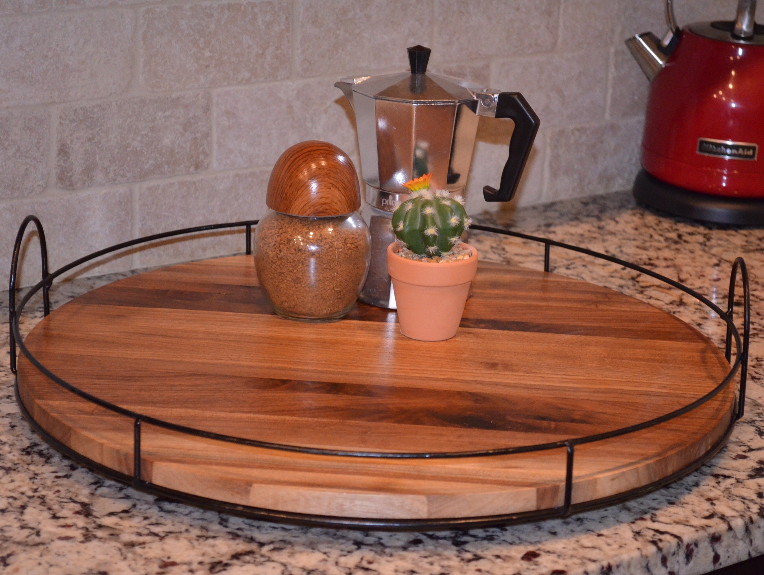 Lazy Susan Turntable With Metal Rails, 20 Walnut Rotating Serving Tray