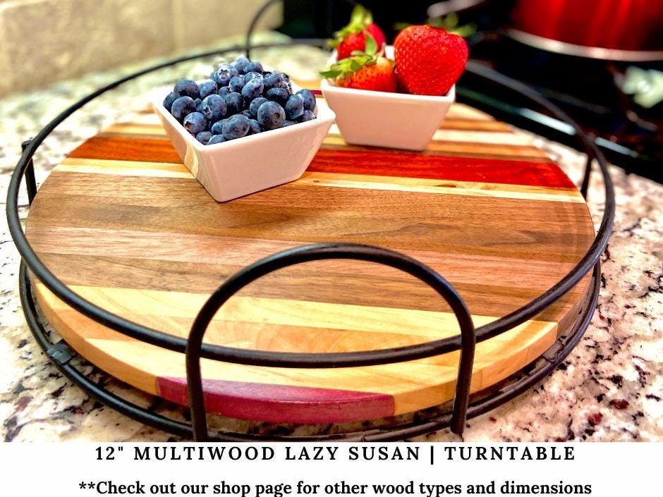 Lazy Susan Turntable With Metal Rails, 12 Multi-wood Rotating Serving Tray,  Wooden Tray, Round Boards Thanksgiving Gifts 