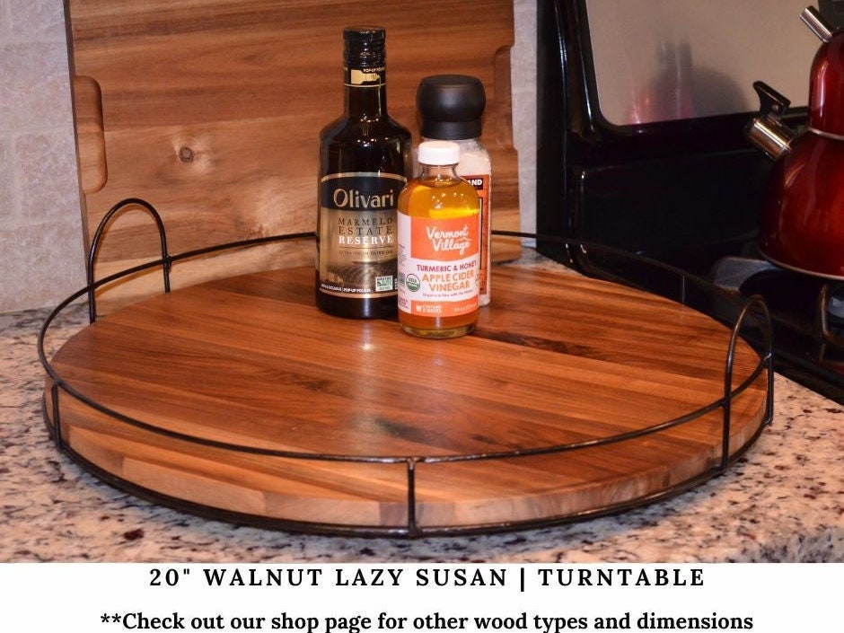 Lazy Susan Turntable With Metal Rails, 20 Walnut Rotating Serving Tray