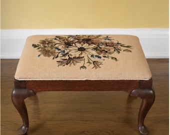 Vintage Needlepoint Footstool / Bench with Floral Upholstery – Solid Wood Cabriole Legs – Cottagecore Decor