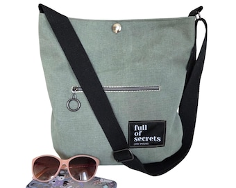Canvas Shopper for Women, Sage – Stonewashed, Large Shoulder Bag, Crossbody Bag with Zippered Compartment, Handmade