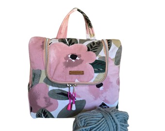 Project bag for knitting supplies, pink canvas organizer with zipper, handmade bag for yarn & needles