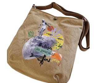 Canvas shopper bag for women, vintage shoulder bag in khaki with “Believe in Yourself” motif, gift idea for women