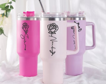 Personalized Engraved Tumbler With Handle, Stainless Steel Tumbler with Lid And Straw, 40oz Travel Mug, Bridesmaid Gift, Bridal Party Gift