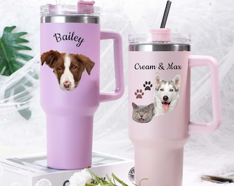 Custom Dog Photo 40Oz Stainless Steel Tumbler With Handle, Custom Dog Portrait Tumbler, Personalized Pet Tumbler, Unique Gifts for Pet Lover