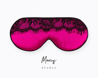 Mulberry Silk Sleep Mask, Super Soft, Organic, Breathable, Lightweight, Adjustable Strap Fits for Any Sleep Position (Black Lace) (Pink)