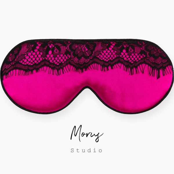 Mulberry Silk Sleep Mask, Super Soft, Organic, Breathable, Lightweight, Adjustable Strap Fits for Any Sleep Position (Black Lace) (Pink)