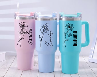 Personalized Engraved Tumbler With Handle, Stainless Steel Tumbler with Lid And Straw, 40oz Travel Mug, Bridesmaid Gift, Bridal Party Gift