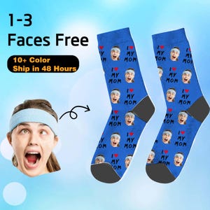 Custom Funny Baby and Mom Faces Socks, I Love My Mom Photo Socks, Face on Socks, Personalized Picture Socks with Text, Unisex Socks