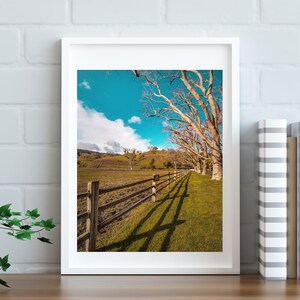 May include: A framed photograph of a rural landscape with a wooden fence, green grass, and bare trees against a blue sky with white clouds.