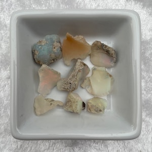 May include: A collection of small, white and light brown opal stones in a white ceramic dish. The stones are rough and have a natural, unpolished look.