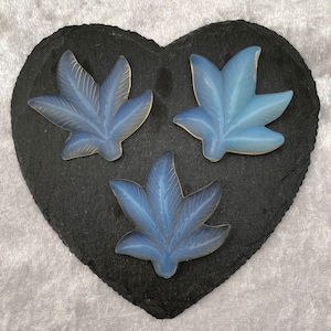 Puede incluir: Tres hojas de vidrio azul sobre un fondo de pizarra negro en forma de corazón. Las hojas son translúcidas y tienen un diseño delicado e intrincado.