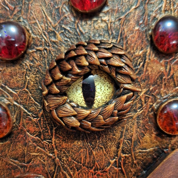 Blank Journal / Dragon Eye Spellbook / Grimoire Copper Red and Gold / Book of Shadows with Polymer Clay Sculpted Scales / Diary with Knob