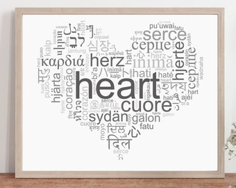 Custom PRINTABLE Word Art - Word in Different Languages - Gift - Customized Heart - Digital Download Prints - Multilingual
