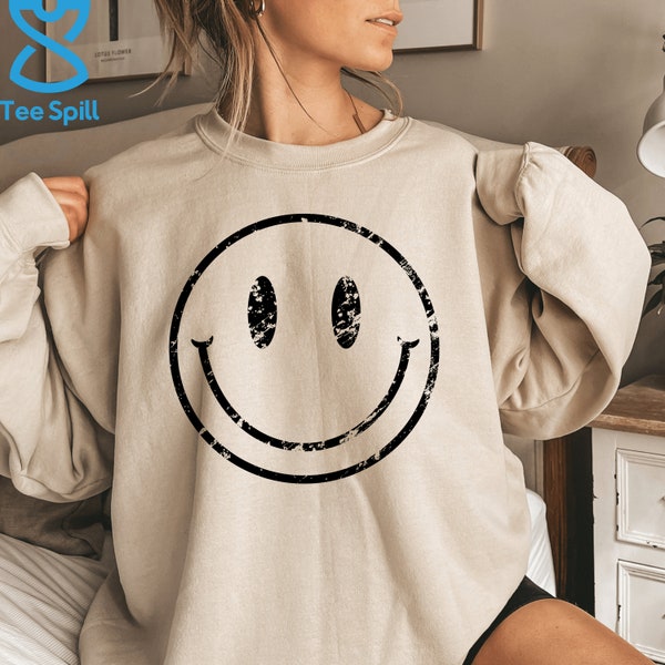 Distressed Smile Face Hoodie, Smile Face Sweatshirt For Friends’ Birthday Gift, Smile Face Hoodie, Happy Sweatshirt For Men And Women