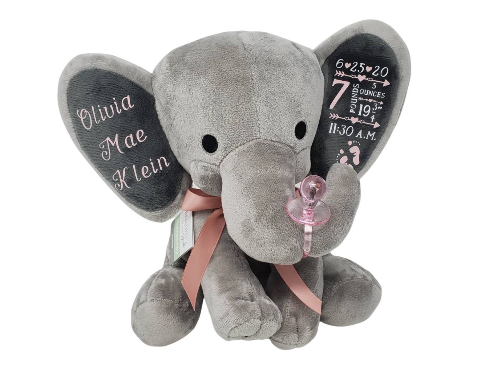 Gray Personalized Elephant Baby Girl Plushie Keepsake Etsy