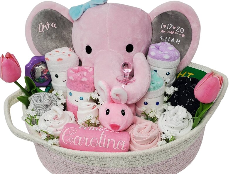 Personalized Baby Girl Gift Basket Birth Stat Elephant Etsy