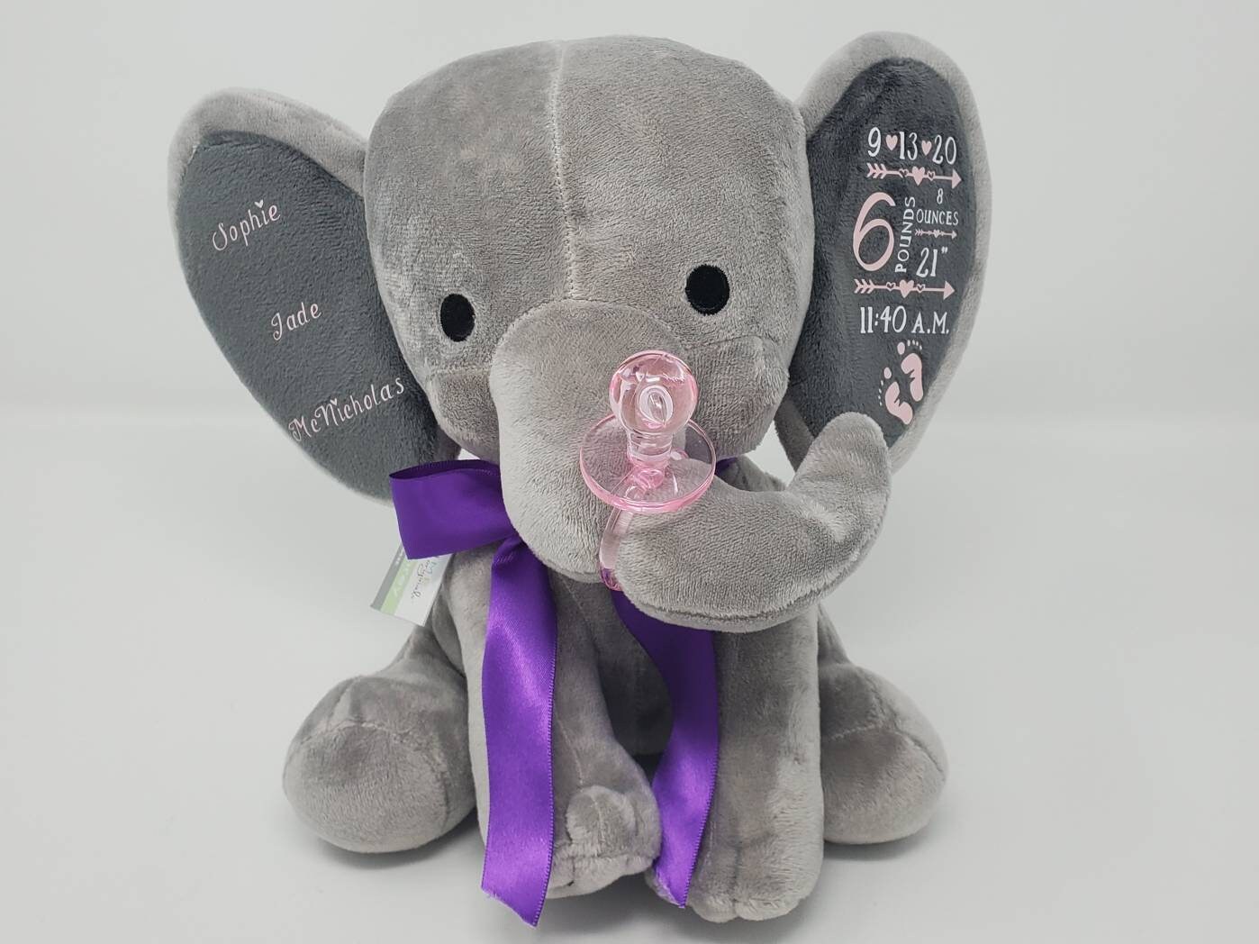 Gray Personalized Elephant Baby Girl Plushie Keepsake Etsy