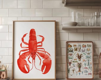 Wall Art prints water colour lobster    - Aesthetic -  illustrated sketchy print - retro mood - kitchen print - mothers day