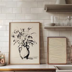 Impresión de flores pintadas monocromáticas, póster de arte moderno en blanco y negro para la decoración del hogar, regalo perfecto para amantes del arte y minimalistas.