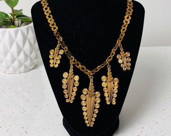 Vintage Gold Tone Necklace Chandelier Spiral Ornate Filagree  Chain Link Bib Necklace