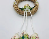 Vintage Handmade Paper Mache And Wicker Rattan, Wall Hanging, Easter Decor, Easter Eggs