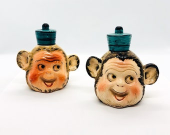 Vintage Ceramic Gemstone Monkey Monkies Salt Pepper Shaker Diamond Eyes Cute Kitsch