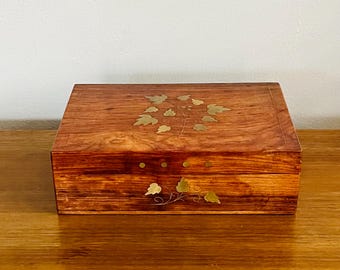 Vintage Wood And Brass Jewelry Box Red Velvet, Brass Inlay, Mid Century Boho Wood Decor