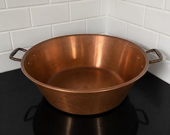 Antique French Copper Jam Pot, Iron Handles, Large Preserving Pan, Rustic Farmhouse Kitchen Decor