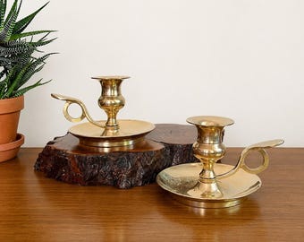 Vintage Brass Chamberstick Candle Holders – Set of 2 | Mid Century Minimalist Decor
