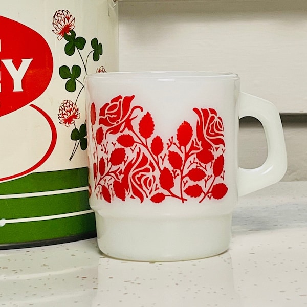 Anchor Hocking Milk Glass Mug Vintage Coffee Mug Red Roses
