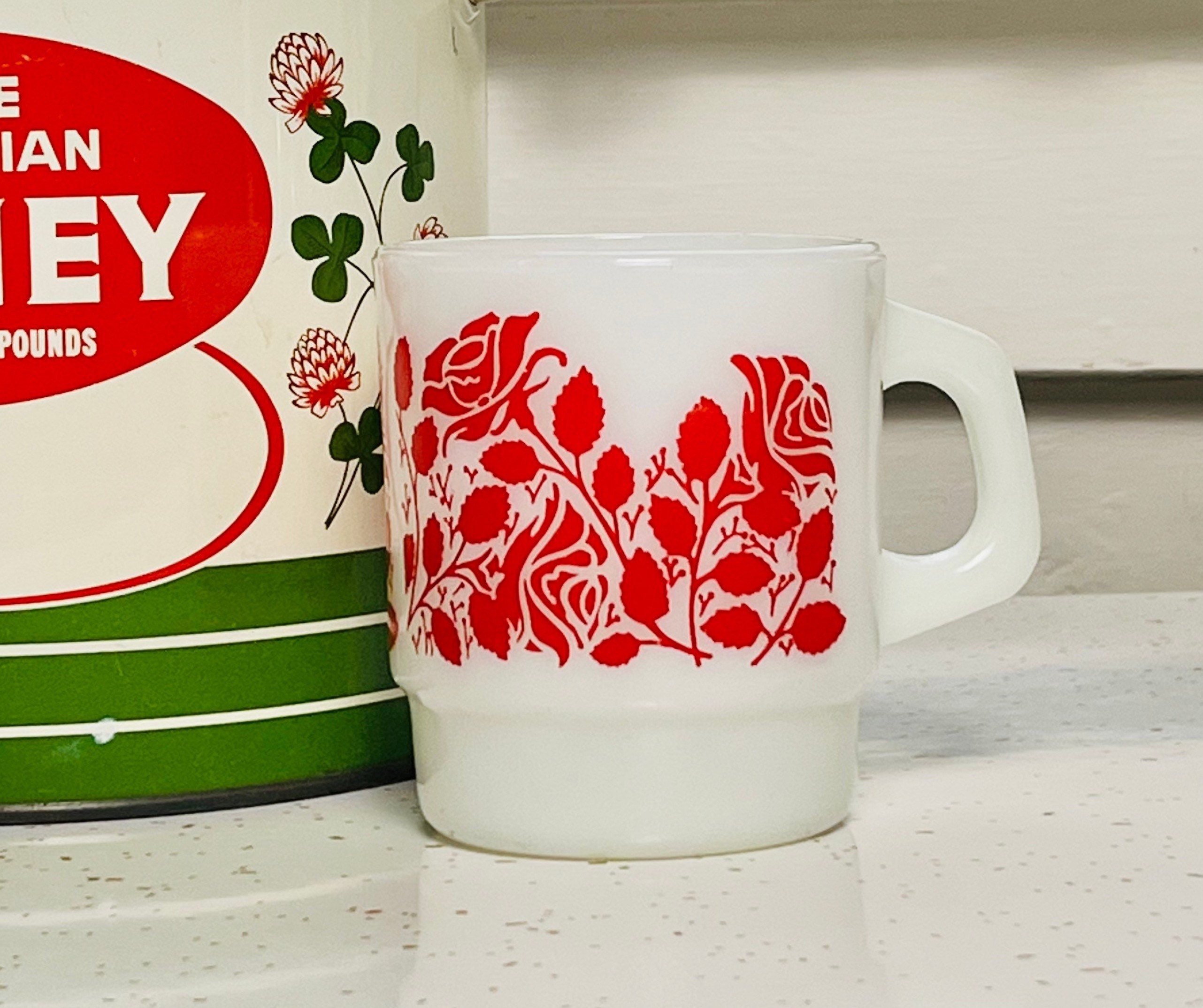 Anchor Hocking Milk Glass Mug Vintage Coffee Mug Red Roses - Etsy