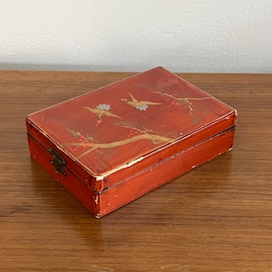 Antiqued Red Lacquered Box, Folk Art Box, Japanese Trinket Box, Jewelry Box, Storage Box, Bird Box, Gift Box, Sold As Is Please Read