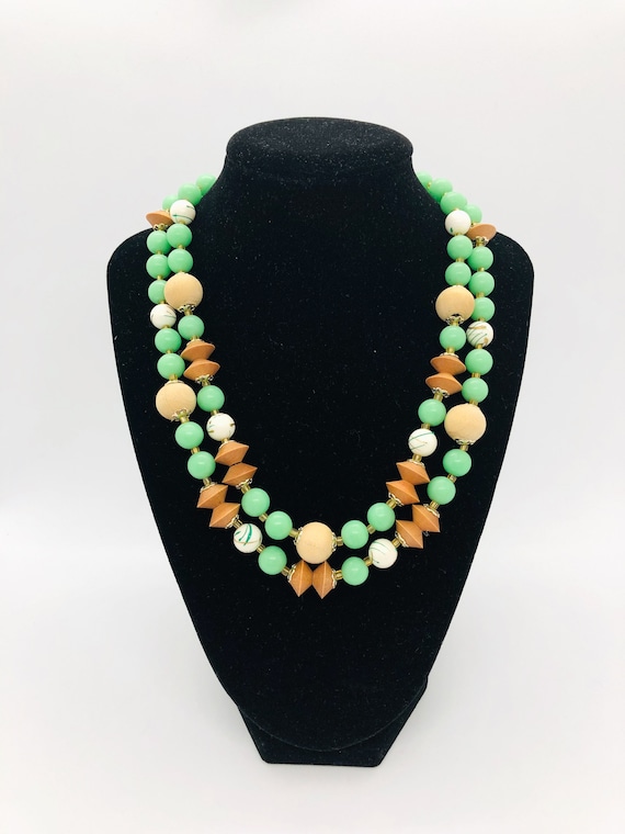Mod Two Strand Beaded Necklace, Wood, Chartreuse B