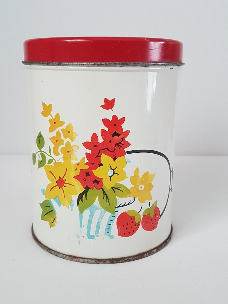 Strawberry Design Vintage Tin Vintage Country Decor Farmhouse Decor Red And White Tin With Yellow Red Flower