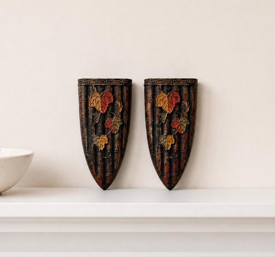 Antique Tokanabe Japanese Vase, Pottery Wall Pocket, Dark Academia