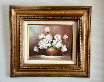 Vintage Oil Painting Flower Bouquet, Mid Century Gold Guild Frame