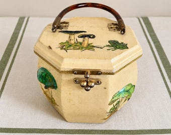 Vintage Hand-Painted Mushroom Frog Purse Box | Folk Art Wooden Handbag, Lucite Handle