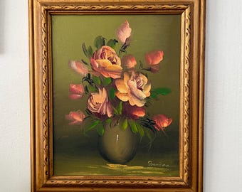 Vintage Floral Still Life Oil Painting in Ornate Gold Frame