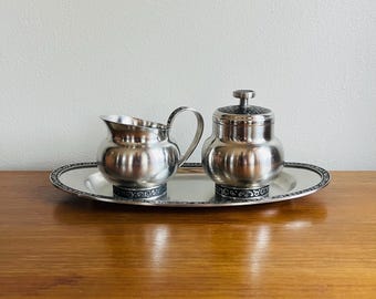 Vintage Oneida Stainless Steel Creamer Sugar Tray Set, Mid Century Modern Kitchen Decor