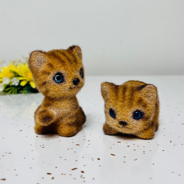 Vintage Josef Originals Flocked Tabby Cats Striped Kittens Blue Eyes Cat Lovers Kitsch Cute Cats