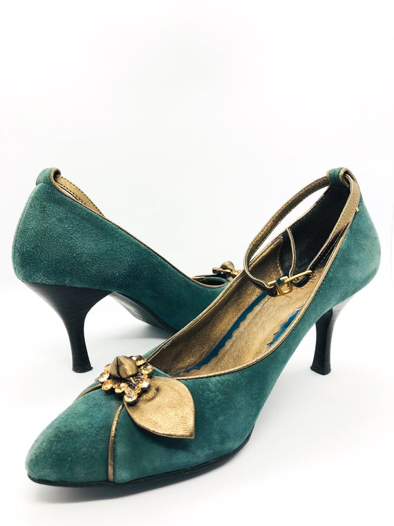 Vintage Vero Cuoio, Italian High Heels, Green Sued