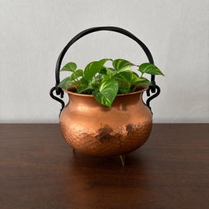 Hammered Copper Cauldron Kettle, Rustic Plant Pot, Wrought Iron Handle