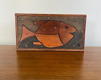 Vintage Wood Mosaic Fish Wall Decor: Mid Century Modern Handcrafted Wood Art