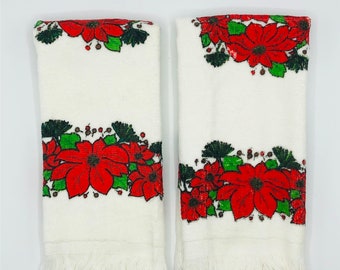 Retro Christmas Hand Towels, Poinsettias, Cotton, Bathroom Kitchen