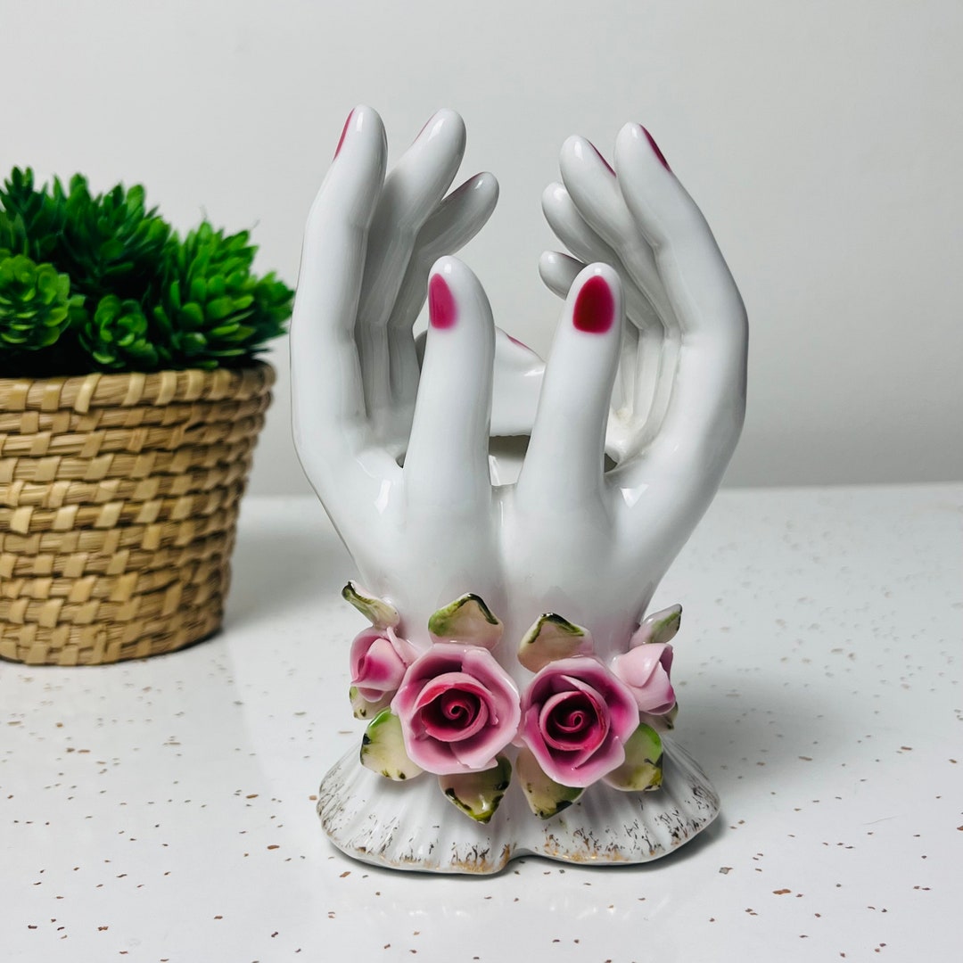 Vintage Lefton Porcelain Hand Vase Pink Roses Trinkets Jewelry Etsy