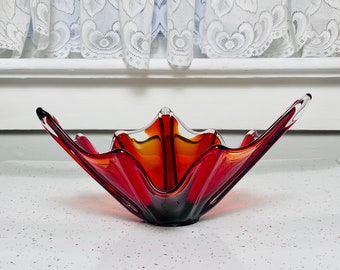Mid Century Modern Art Glass Bowl Sommerso Red And Orange Freeform Vintage Blown Glass