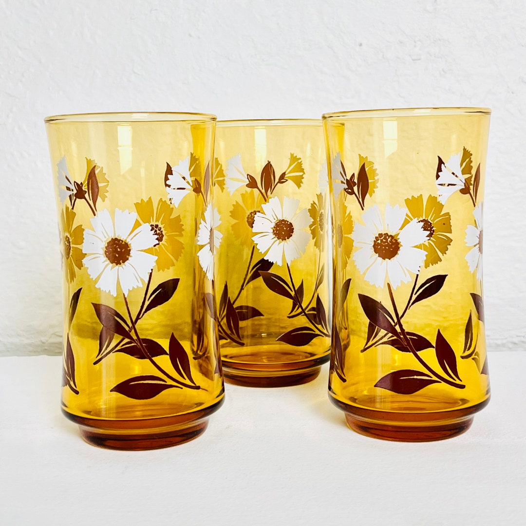 Libbey Amber Daisy Glassware Mid Century Vintage Juice Glasses Etsy