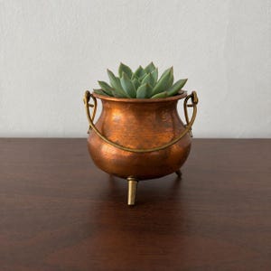 Vintage Copper Cauldron Kettle, Brass Handle, Rustic Plant Pot, Primitive Decor